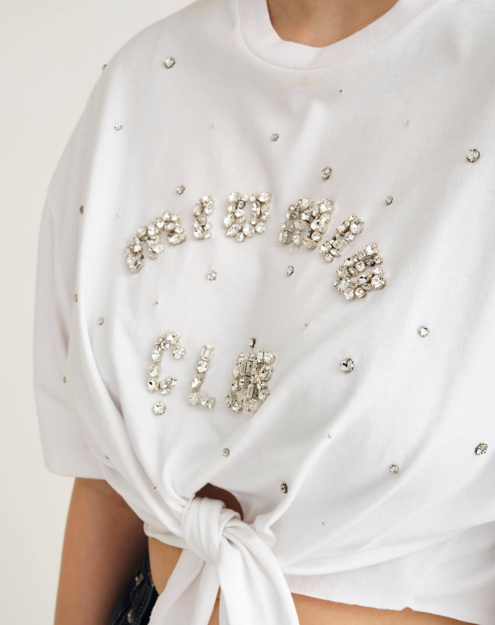 Miu Miu - Crystal Embellished Short Sleeve Knotted Crop Top XS